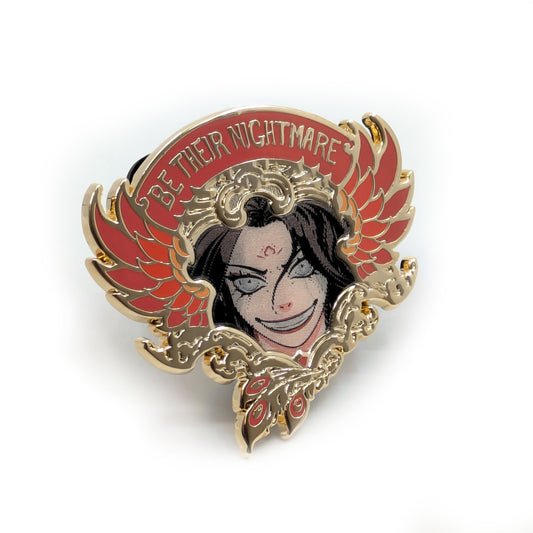 A product photo of the Be Their Nightmare lenticular pin. On this angle of the pin, Zetian is grinning wickedly with her eyes open.