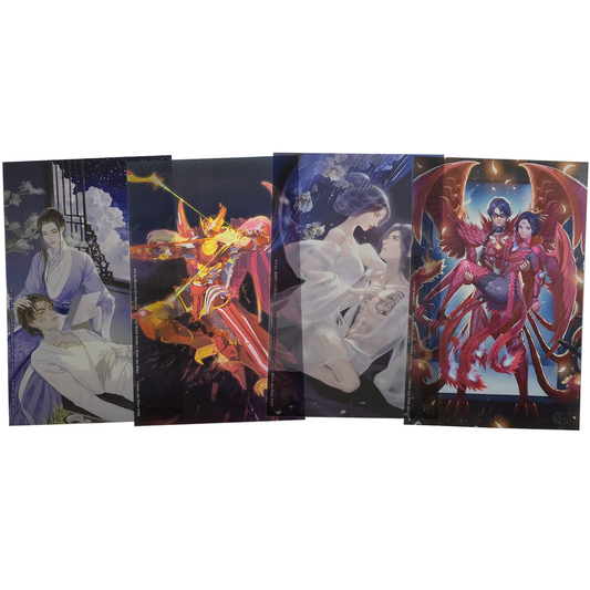 Four illustrations of the trio and the Vermillion Bird mecha laid out side-by-side, slightly overlapping to show the translucence of the pages.