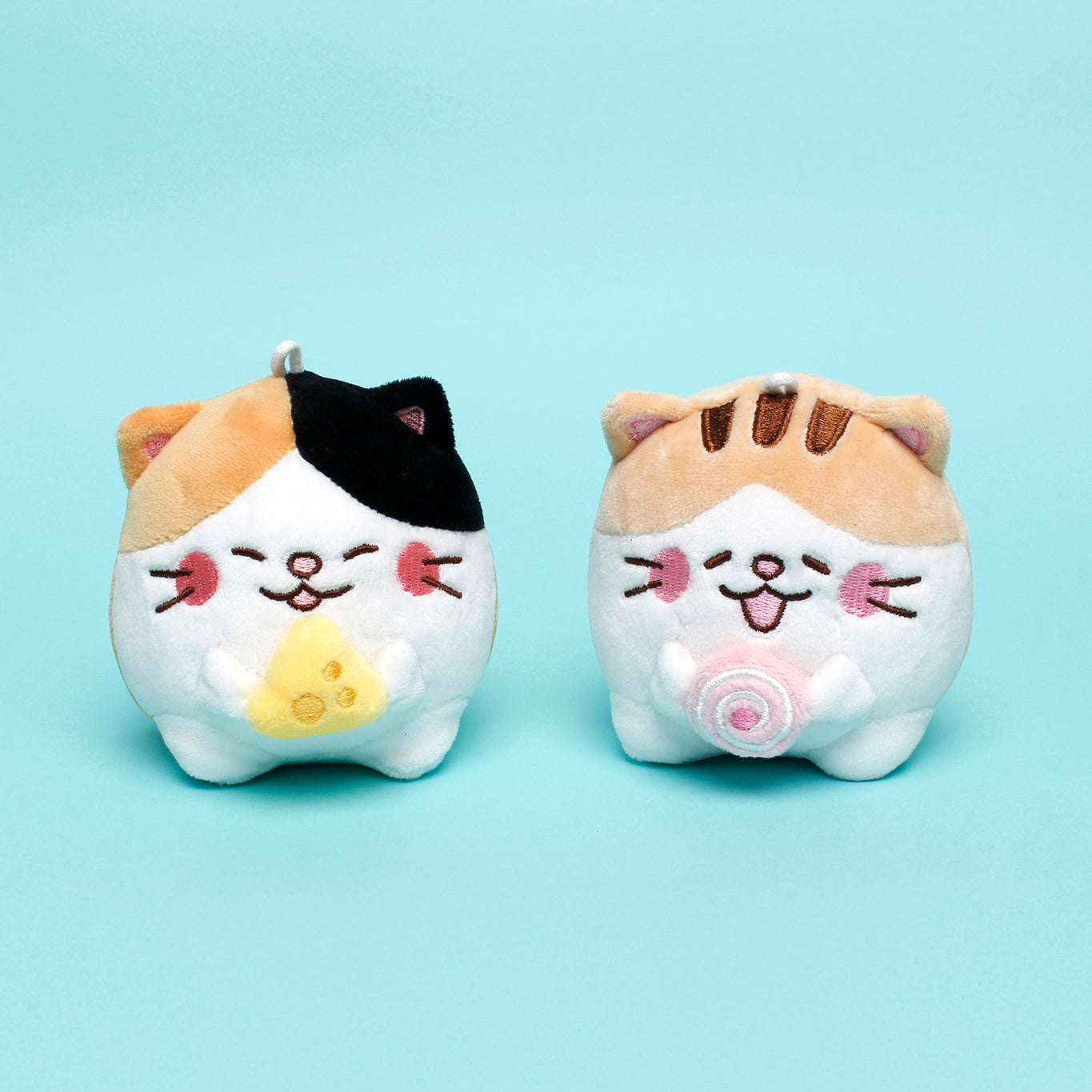 Two keyring cats sit together on teal background.
