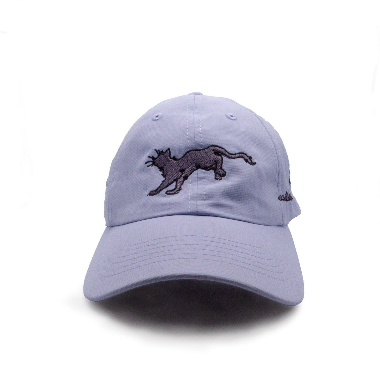 A product photo of the front of the lavender Faithful Embroidered Hat. Faithful the cat is running in dark purple embroidered silhouette, outlined in thin black embroidery.