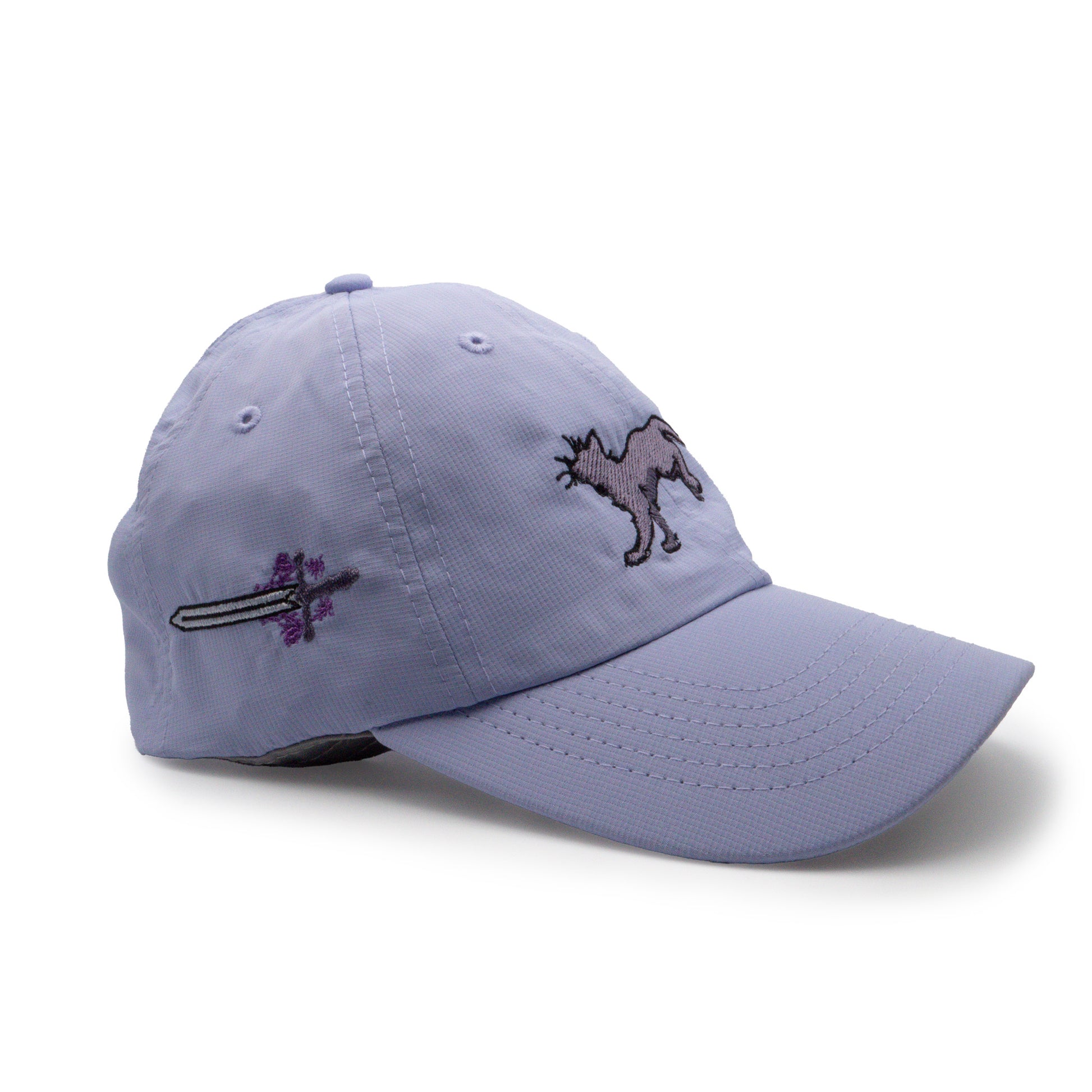 A product photo three quearter view of the lavender Faithful Embroidered Hat. The right side of the cap reveals an embroidered silver sword resting in purple embroidered flowers.