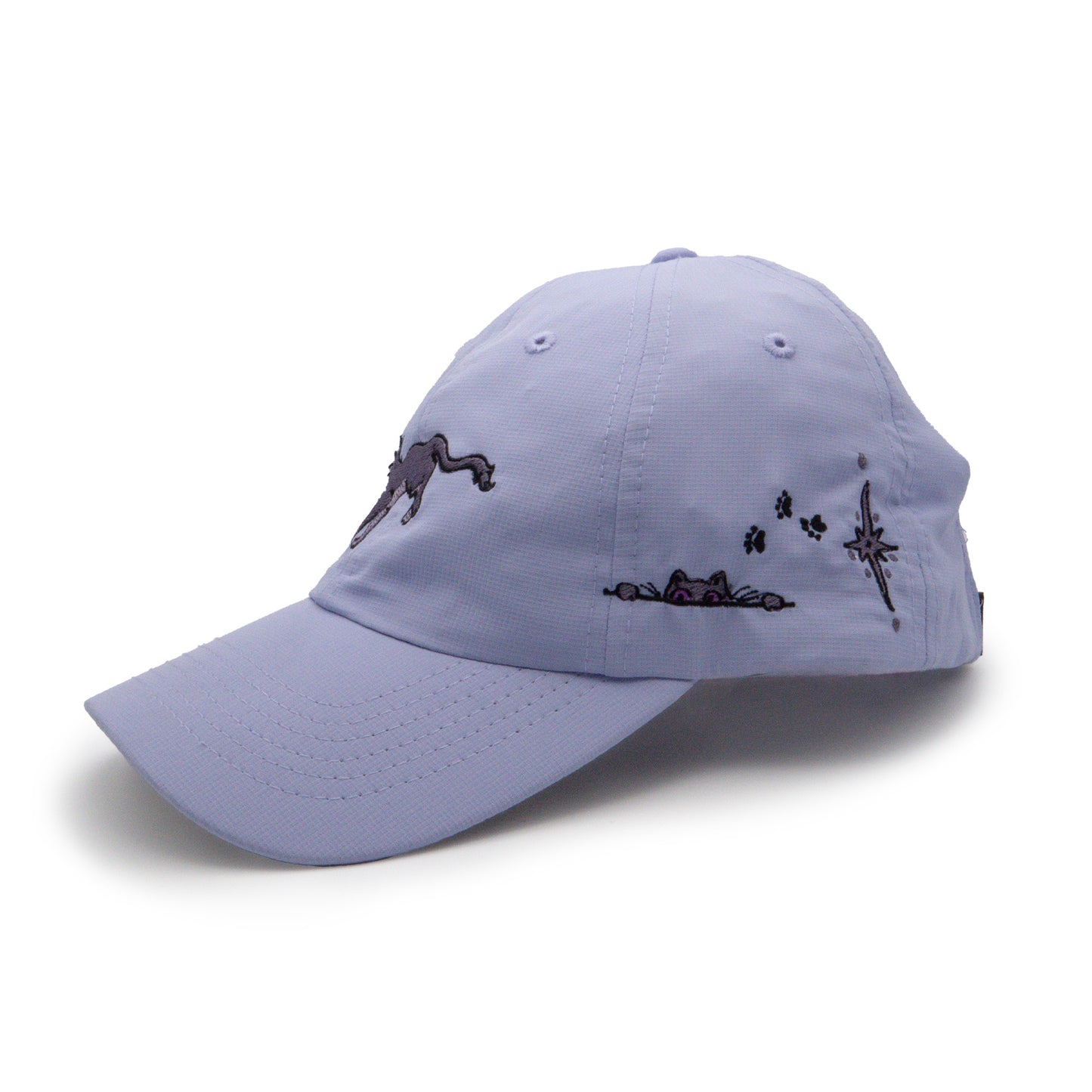 The left side of the lavender Faithful Embroidered Hat. An additional embroidered faithful peeks up with two paws from an embroidered line along the side of the hat. Black embroidered paw prints step toward her, followed by an embroidered purple shining star.