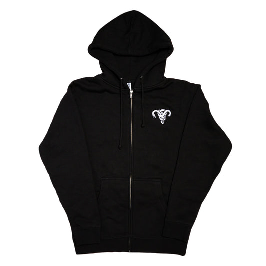 A flat lay photo of a black hoodie with a silver zipper. The hoodie has a pair of white entwining snakes on the upper left chest. The snakes resemble the shape of the female reproductive system. 