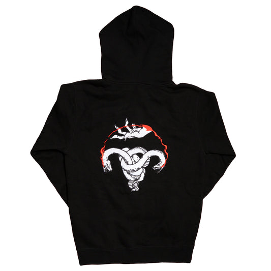 A flat lay photo of the back of the Reproductive Rights Hoodie which features a large patch of the entwined white reproductive system snakes, with a severed white hand gesturing over them. A bright blood orange color seeps from the torn wrist, flowing into the mouths of the snakes.