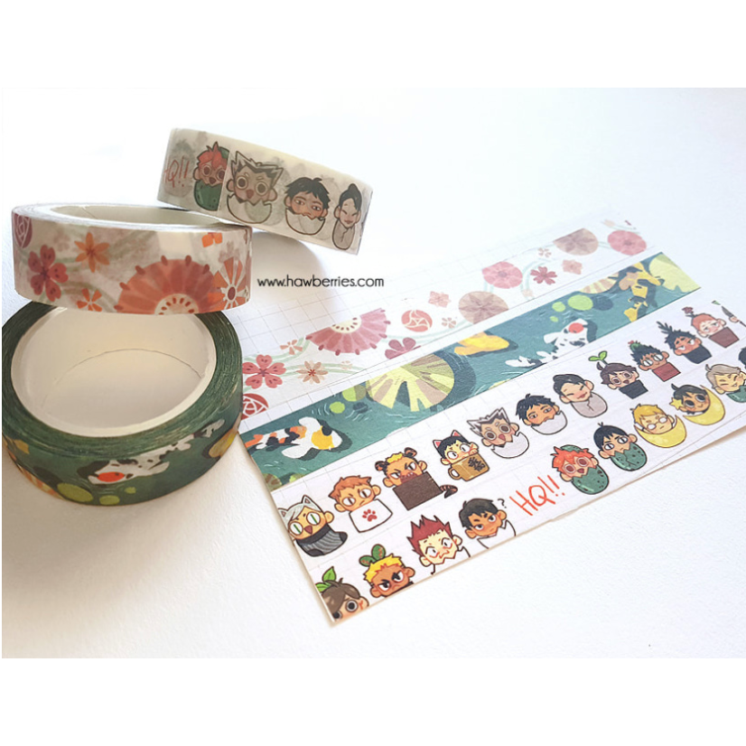 Four different washi tapes by Hawberries on white background.