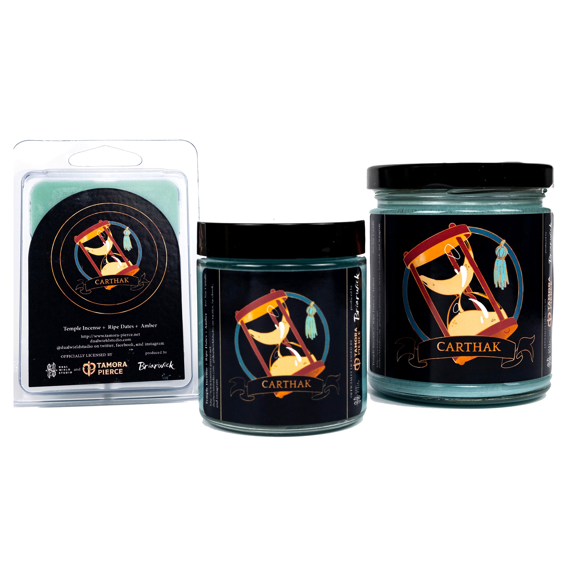 Full set of both Carthak candles and wax melts, all with turquoise wax. The label illustration shows an hourglass with "Carthak" reading on a ribbon below.
