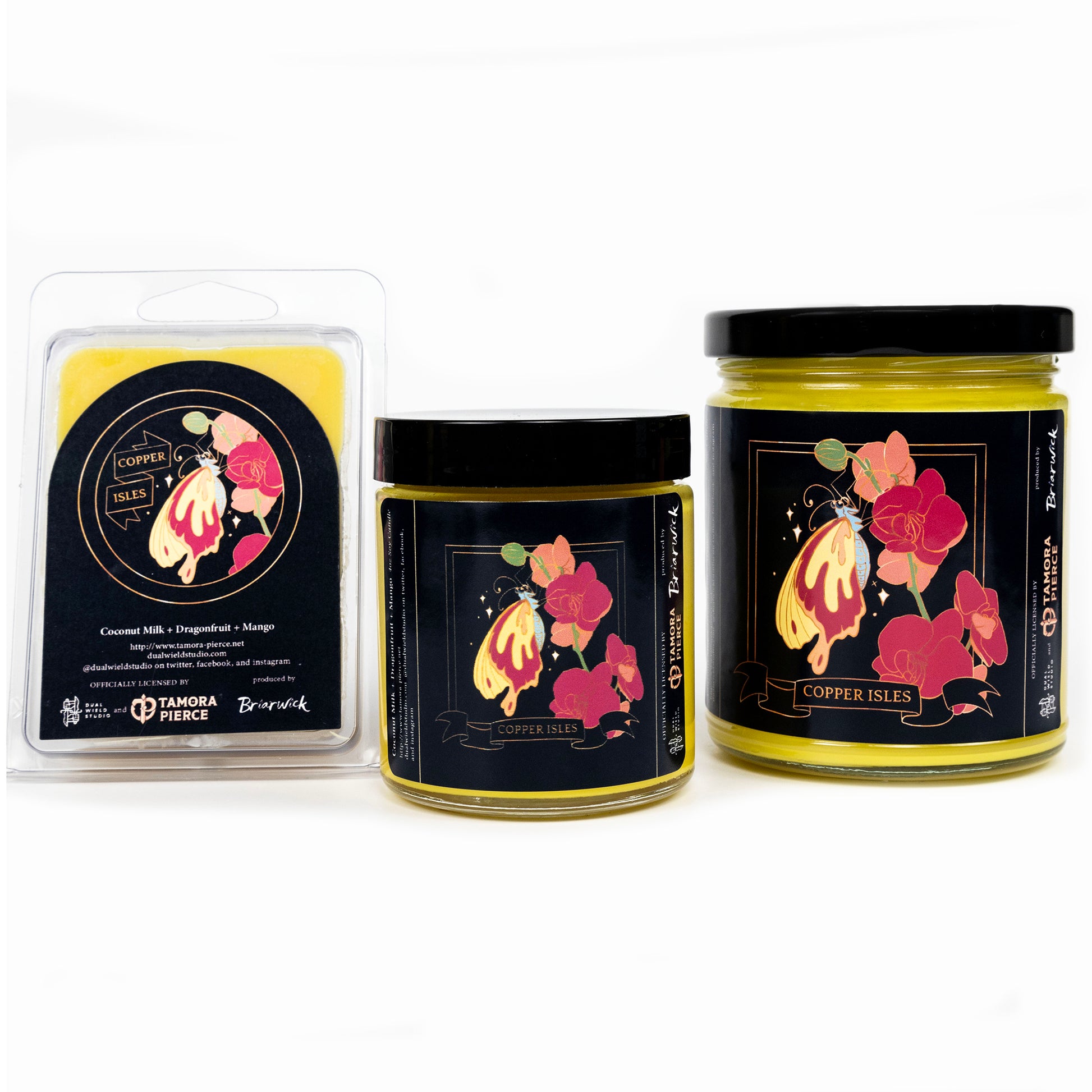Full set of both Copper Isles candles and wax melts, all with marigold wax. The label illustration shows a yellow and red sparkling butterfly landing on red flowers. 