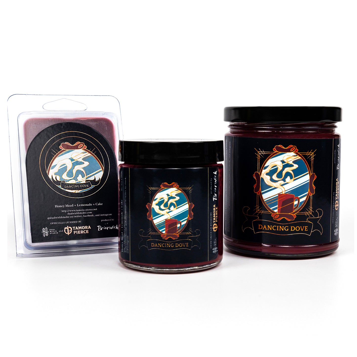 Full set of both Dancing Dove candles and wax melts, all with dark cranberry wax. The label illustration shows a warm cinnamon colored mug emitting steam in front of a mirror. 