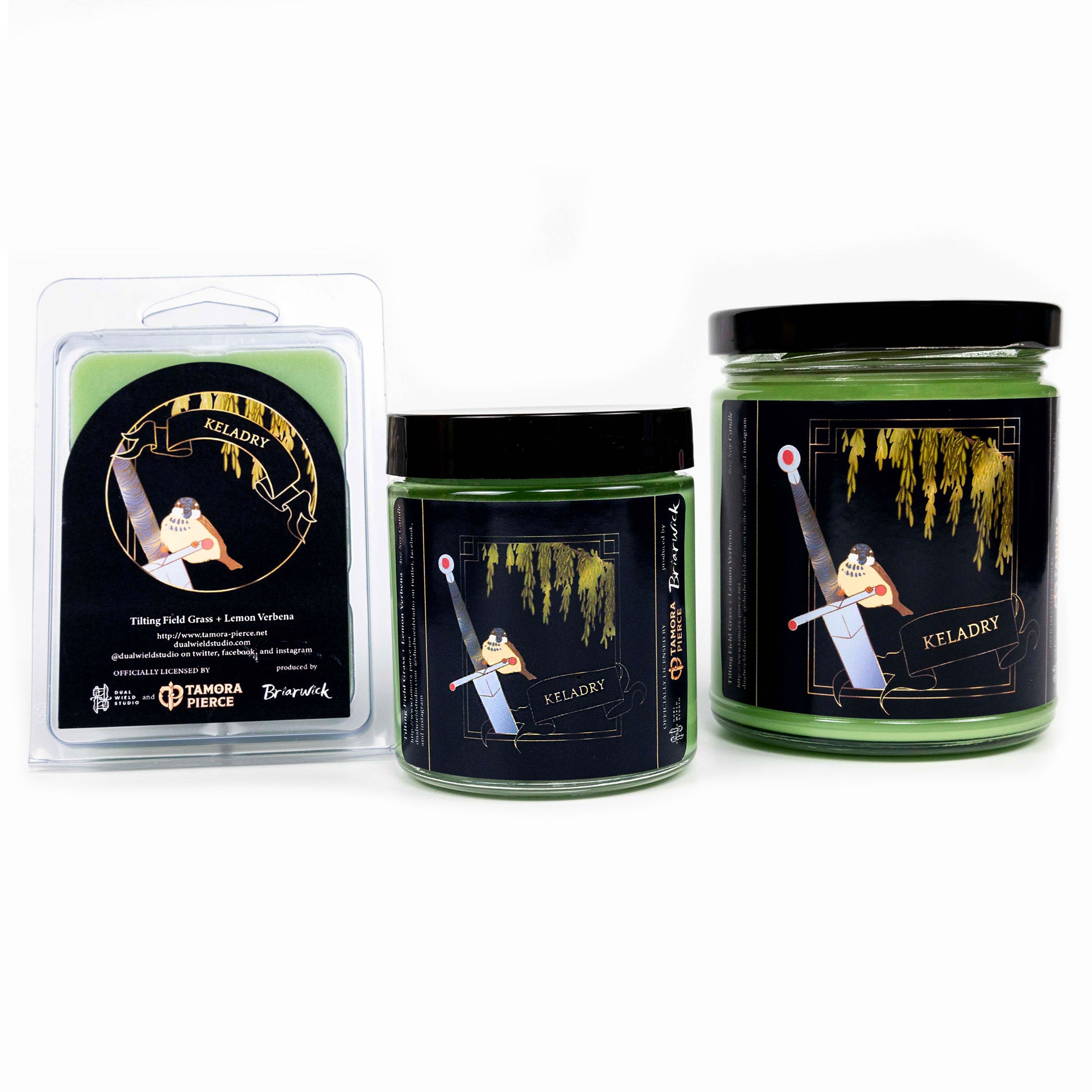 Full set of both Keladry candles and wax melts, all with kelly green wax. The label illustration shows a sparrow perchesd on the hilt of a longsword beside a willow tree. "Keladry" is written along a ribbon to the bottom right corner.