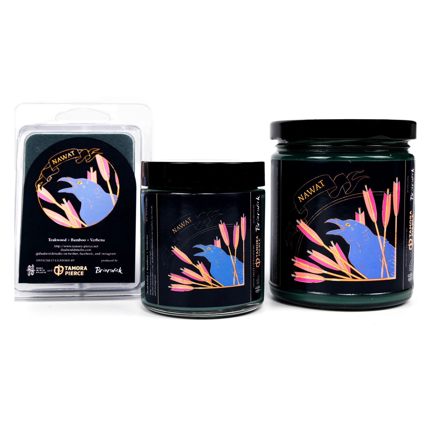 Full set of both Nawat candles and wax melts, all with forest green wax. The label illustration depicts a cawing crow surrounded by bundles of orange and pink fletched arrows.