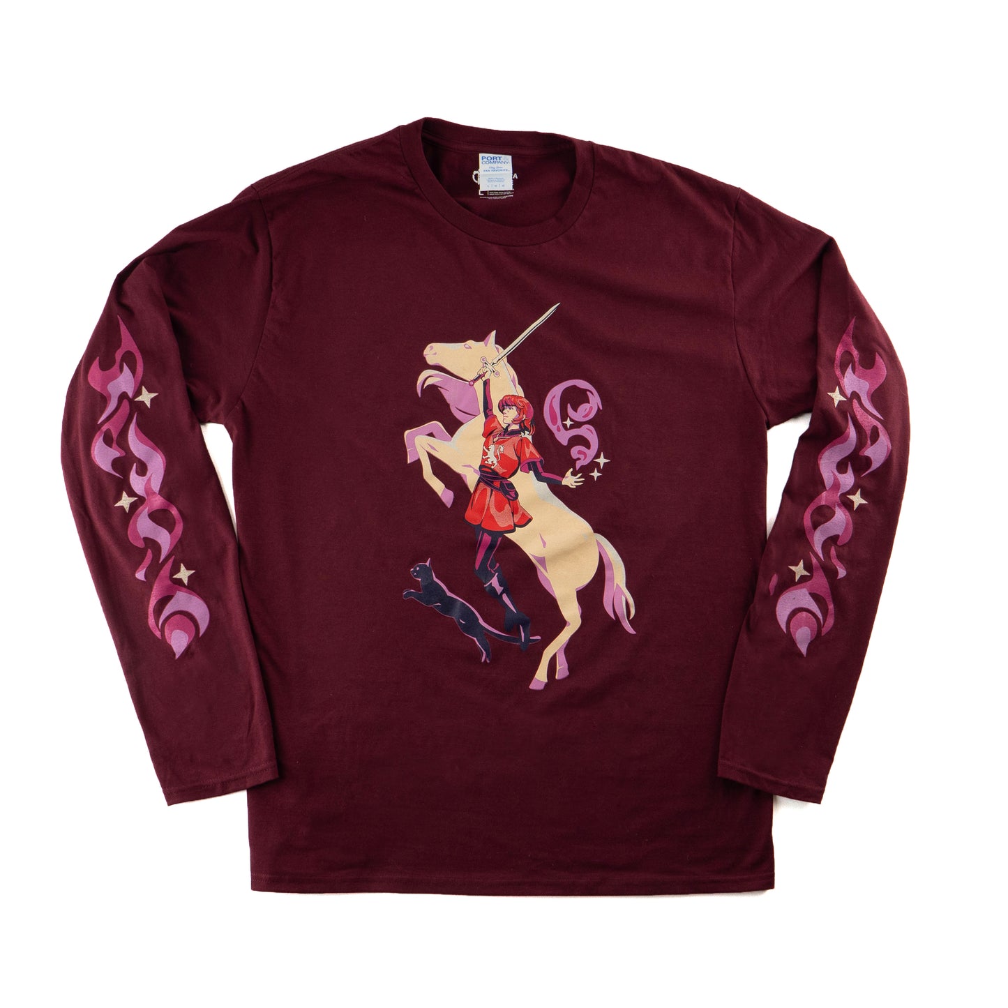 a maroon long-sleeved t-shirt on a white backdrop. the t-shirt has an illustration of a girl in red weilding a sword in her right hand and purple magic in her left. behind her is a light-colored horse and at her feet is a dark cat. they are all leaping dramatically. there are purple magic details on both sleeves.