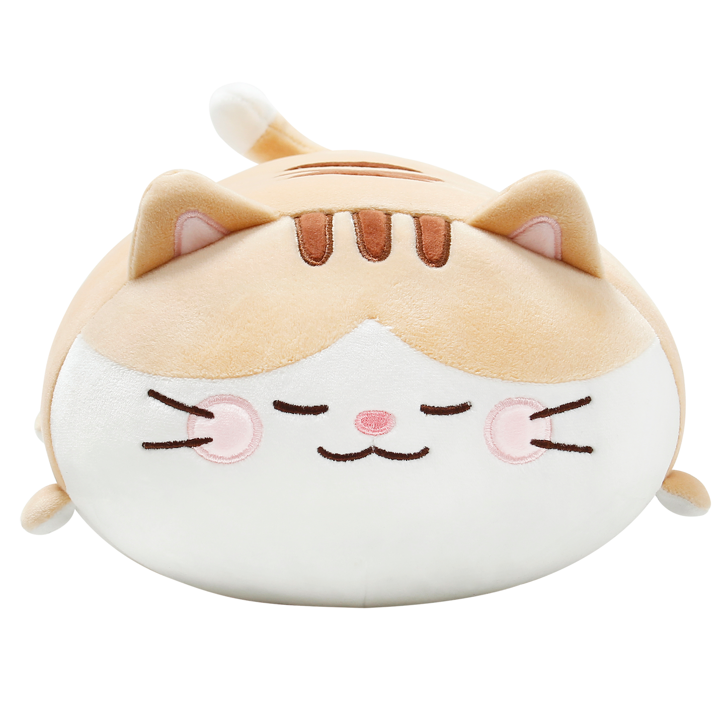Front view of the tan Bert naptime cushion. He is a tabby cat with embroidered detailing on his stripes, face, whiskers, nose and round pink blushes.