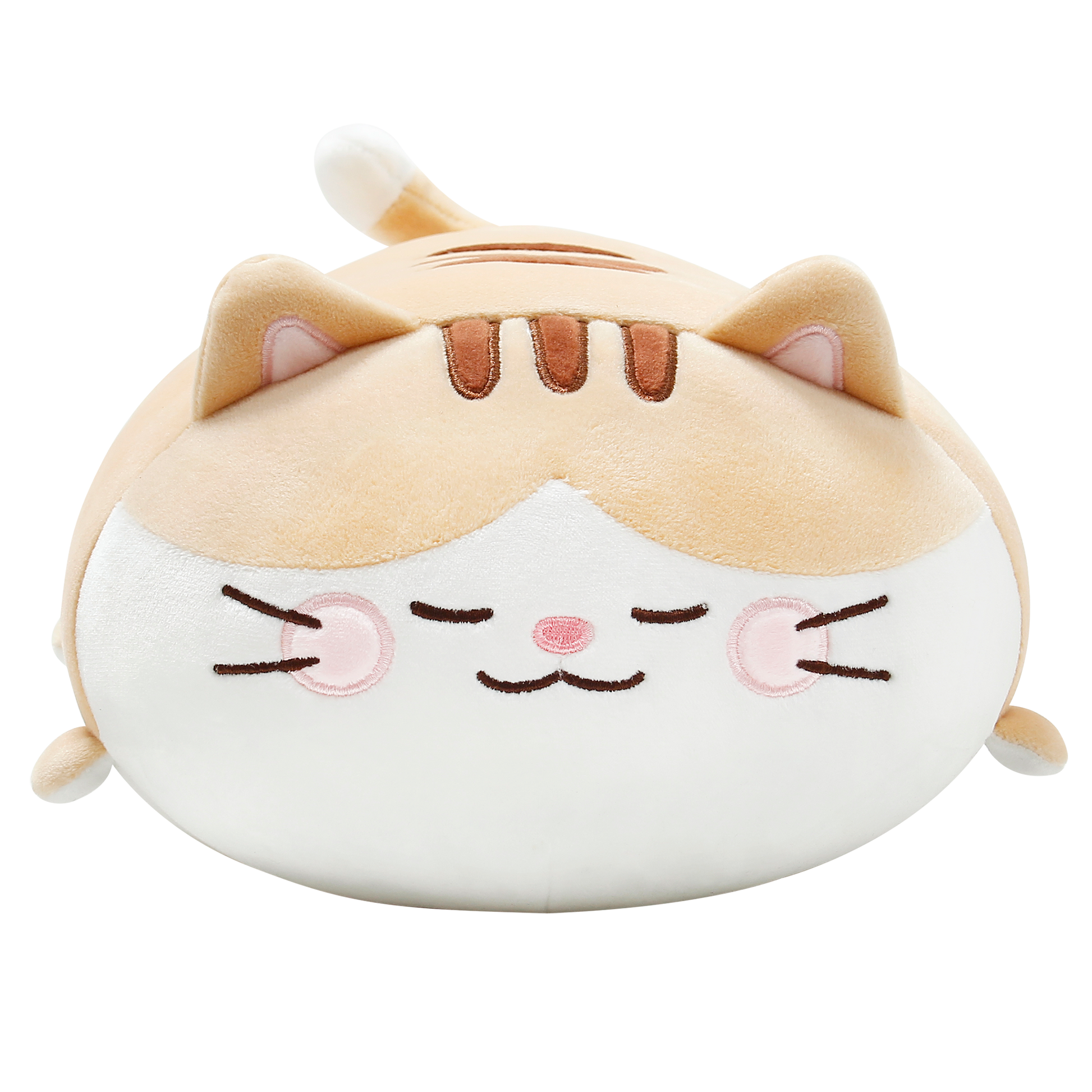 Front view of the tan Bert naptime cushion. He is a tabby cat with embroidered detailing on his stripes, face, whiskers, nose and round pink blushes.