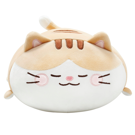 Front view of the tan Bert naptime cushion. He is a tabby cat with embroidered detailing on his stripes, face, whiskers, nose and round pink blushes.