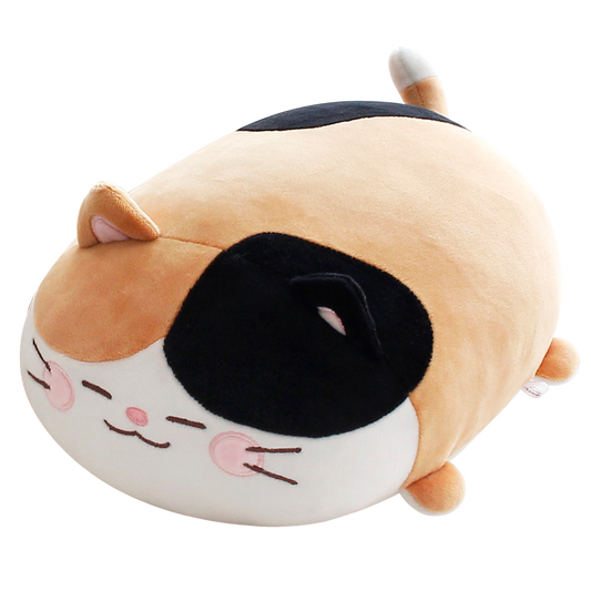 Angle view of a blushing calico cat cushion with its eyes closed.