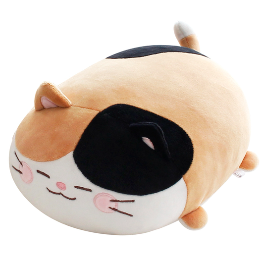 Angle view of a blushing calico cat cushion with its eyes closed.