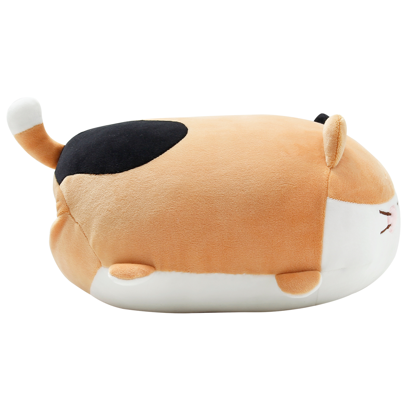 Side view of calico cat cushion.