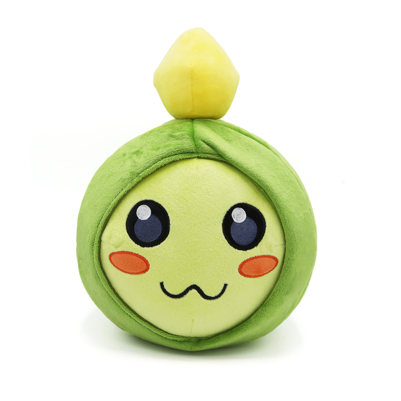 Green slime blushing pilfer plush with gold plush on its head on white background.