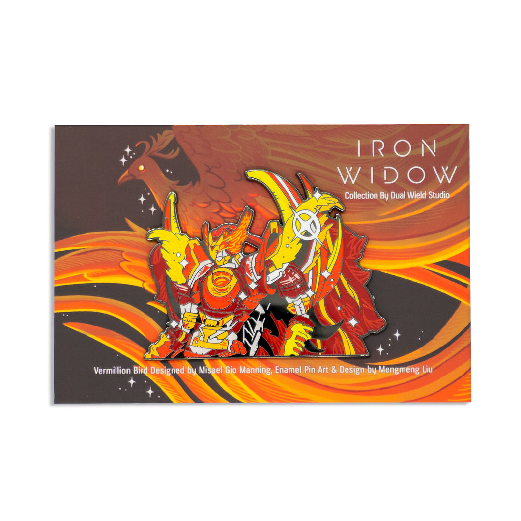 Vermilion Bird Enamel Pin on an Iron Widow card backing with a white background.