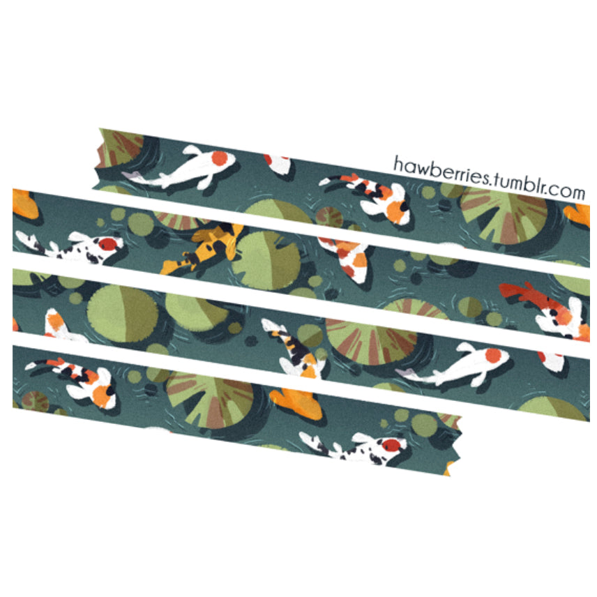 Mockup of Koi Washi Tape depicting different color koi fish swimming in a lily pad pond.