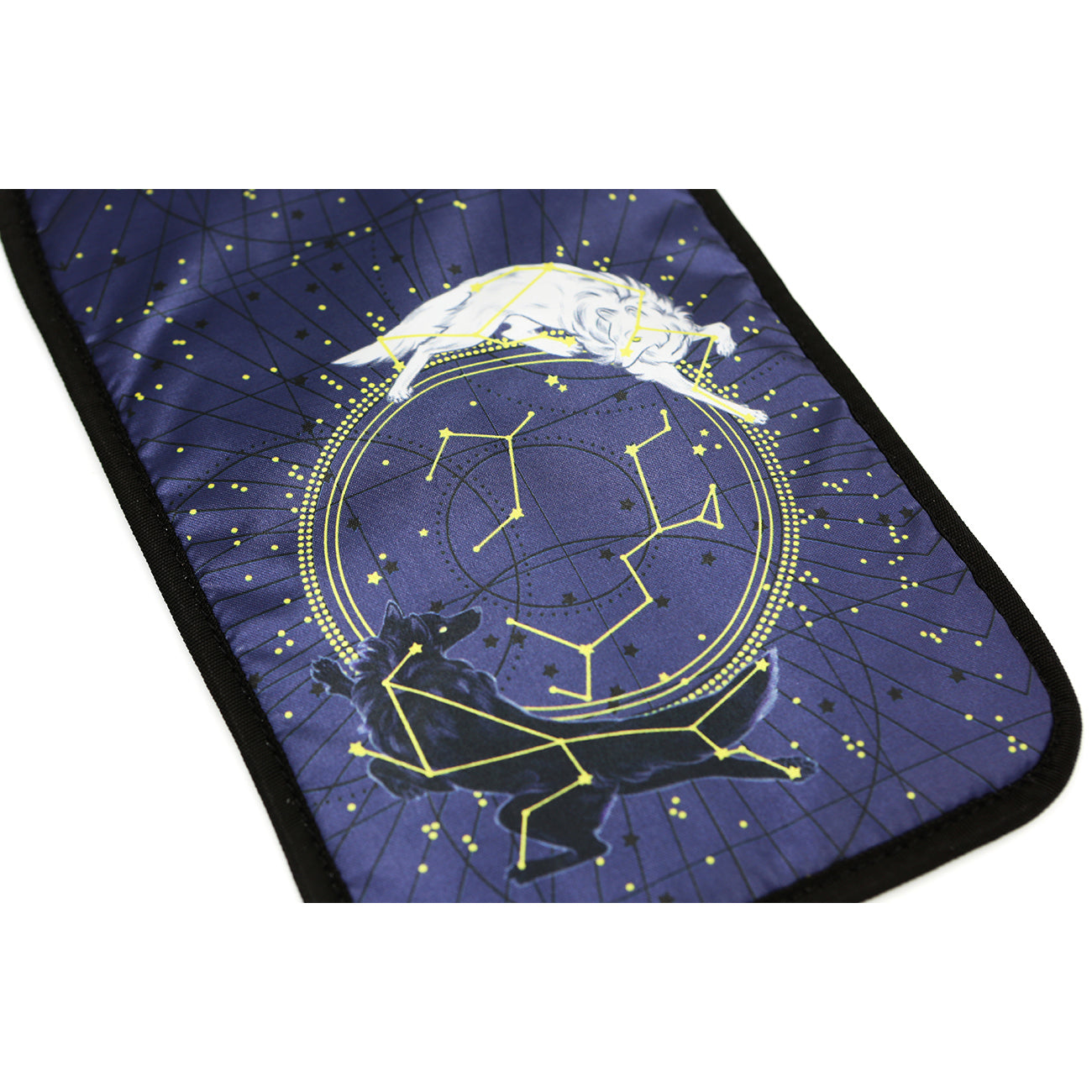 Ita bag celestial wolves insert. The insert has purple lining with black and gold constellation details. A white wolf and a black wolf circle one another over a central round constellation.