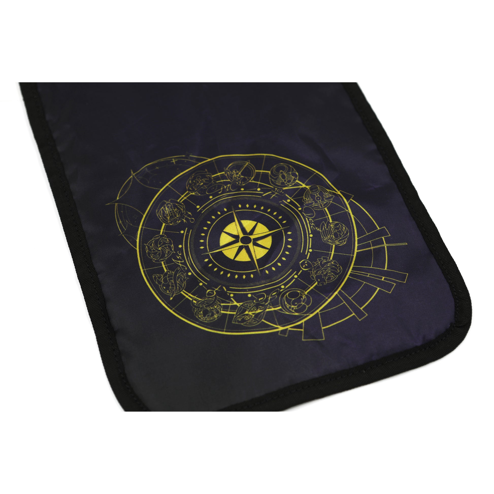Zodiac insert on white background. The bag lining is a very deep purple and features a gold compass rose with zodiac symbos in all directions.