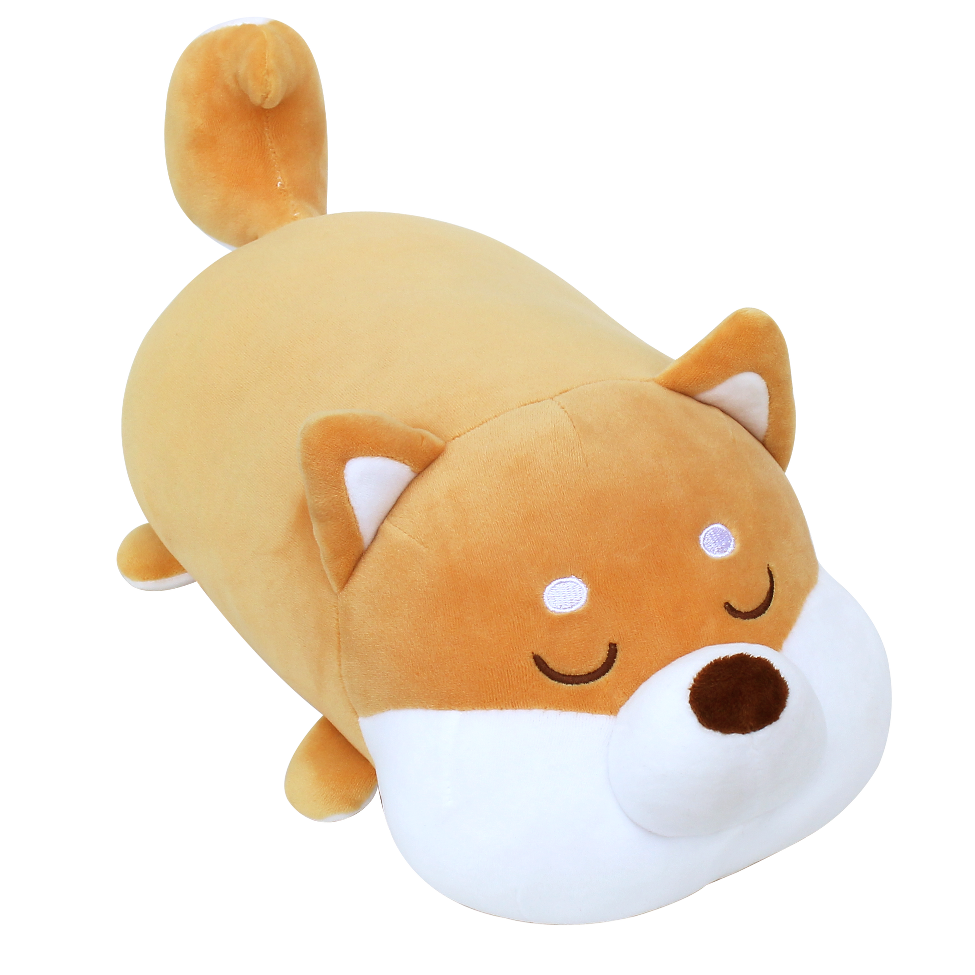 Angle view of Shiba cushion, a caramel and white plush with its eyes closed.