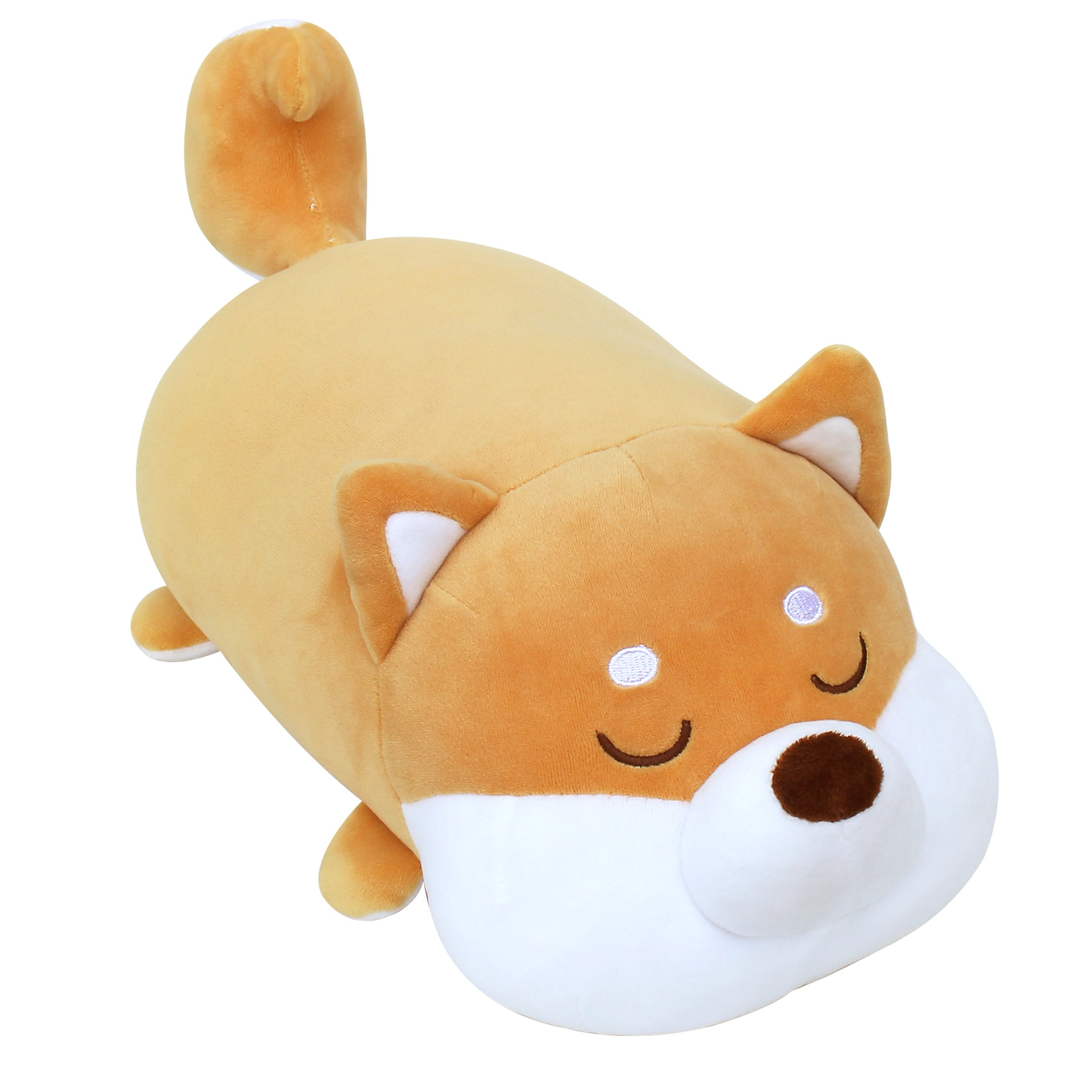 Angle view of Shiba cushion, a caramel and white plush with its eyes closed.
