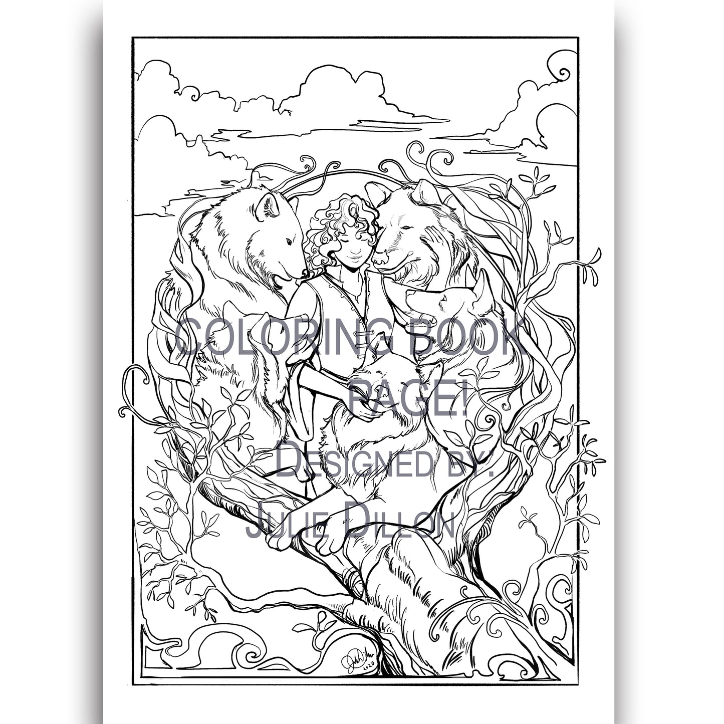Black and white coloring book page of Daine surrounded by her wolf pack. All of them are surrounded by growing, entwining branches. Watermark reads: "Coloring book page! Designed by: Julie Dillon."