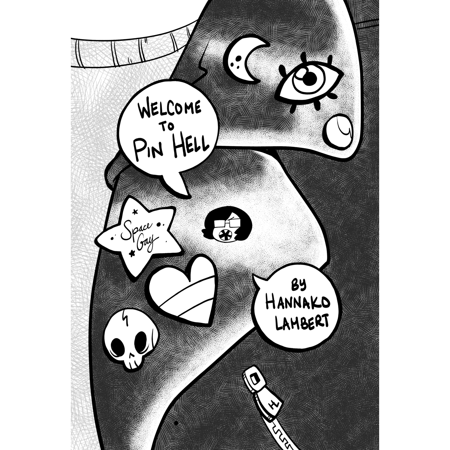 Cover of "Welcome to Pin Hell" book guide by Hannako Lambert. Black and white illustration shows different pins on a closeup of a jacket lapel.