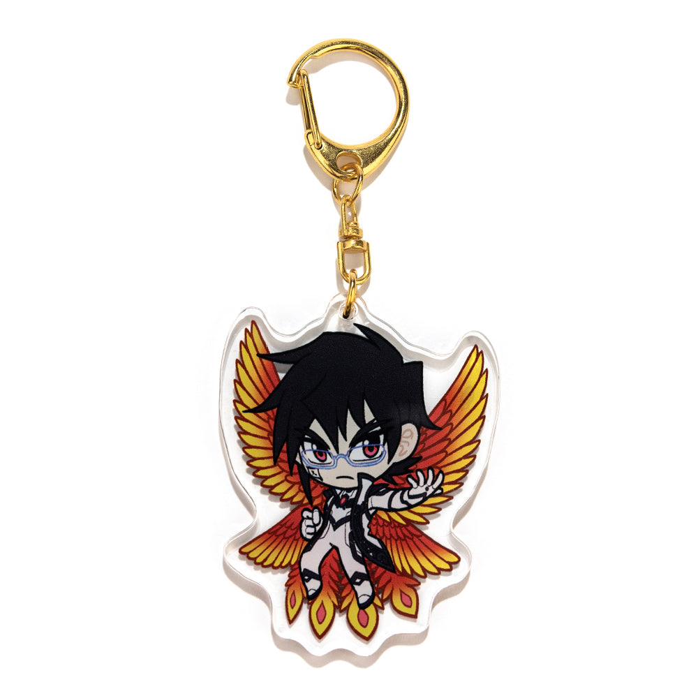 Shimin acrylic charm side one, illustrated with black and white outfit and firey-colored bird wings behind them, with gold clasp on white background.