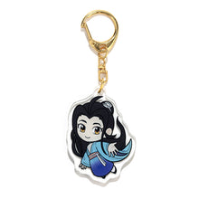 Load image into Gallery viewer, Yizhi acrylic charm side one with gold clasp. This side illustrates Yizhi wearing blue traditional clothing, reaching out toward the viewer.