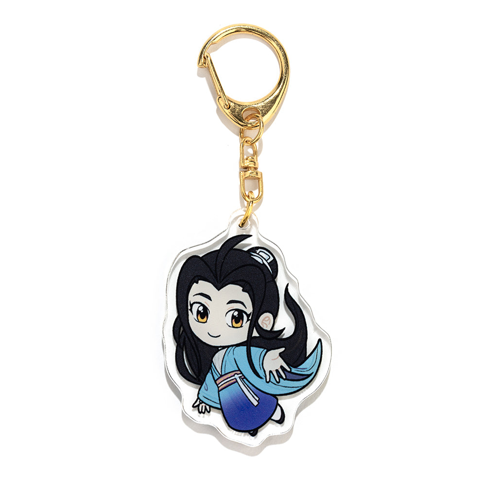 Yizhi acrylic charm side one with gold clasp. This side illustrates Yizhi wearing blue traditional clothing, reaching out toward the viewer.