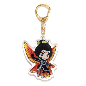 Zetian acrylic charm side one, illustrated with black and white outfit and firey-colored bird wings behind them, with gold clasp on white background.