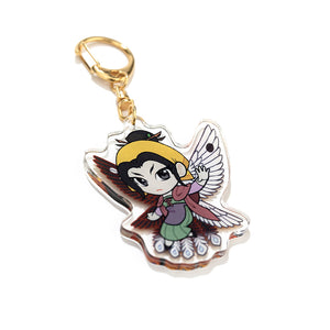 Zetian charm side 2, illustrated with black and white yin and yang bird wings behind them and traditional clothing.