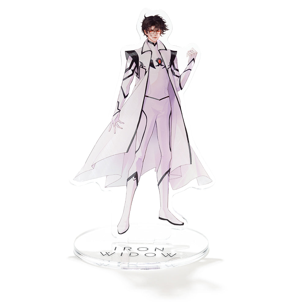 Front view of Shimin acrylic standee with Iron Widow logo on clear acrylic base.
