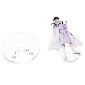 Above view of Shimin acrylic standee disassembled, the figure laying beside the base.