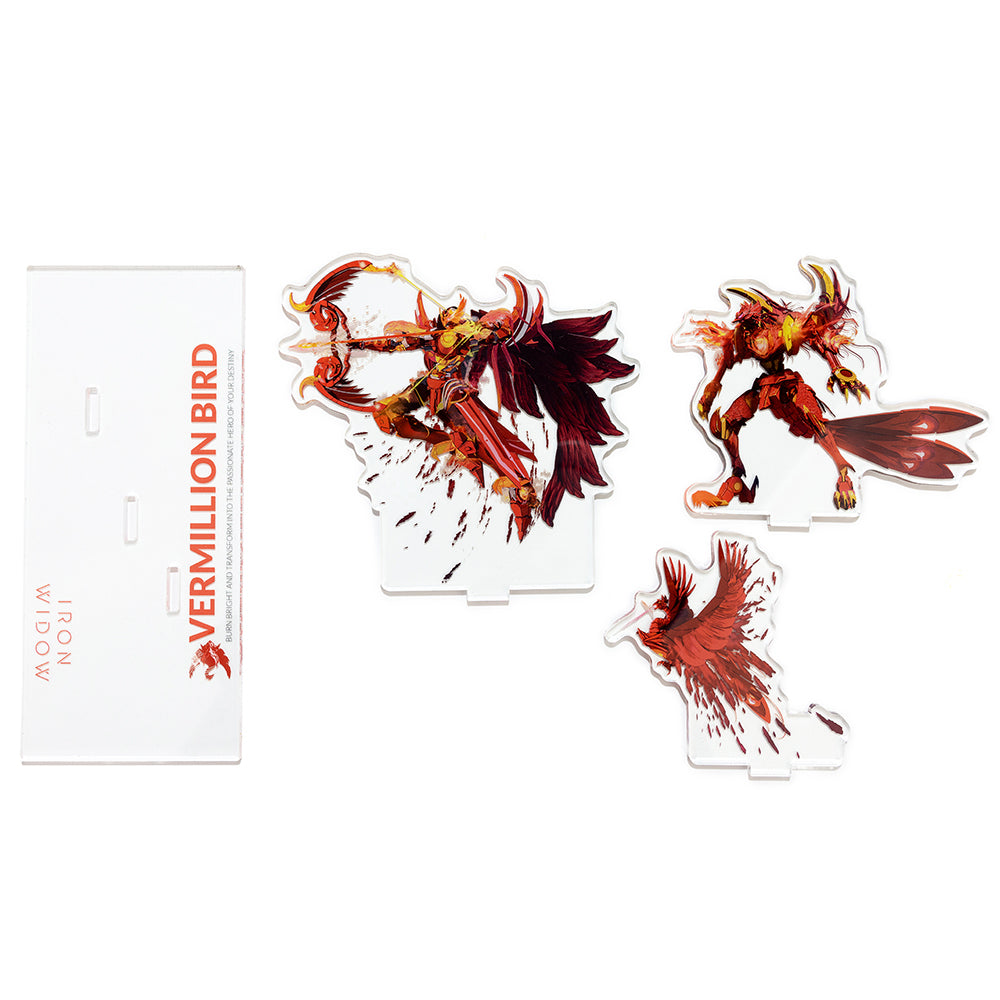 Above view of the disassembled 4-piece Vermillion Bird acrylic standee on white background.