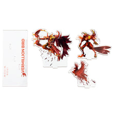Load image into Gallery viewer, Above view of the disassembled 4-piece Vermillion Bird acrylic standee on white background.