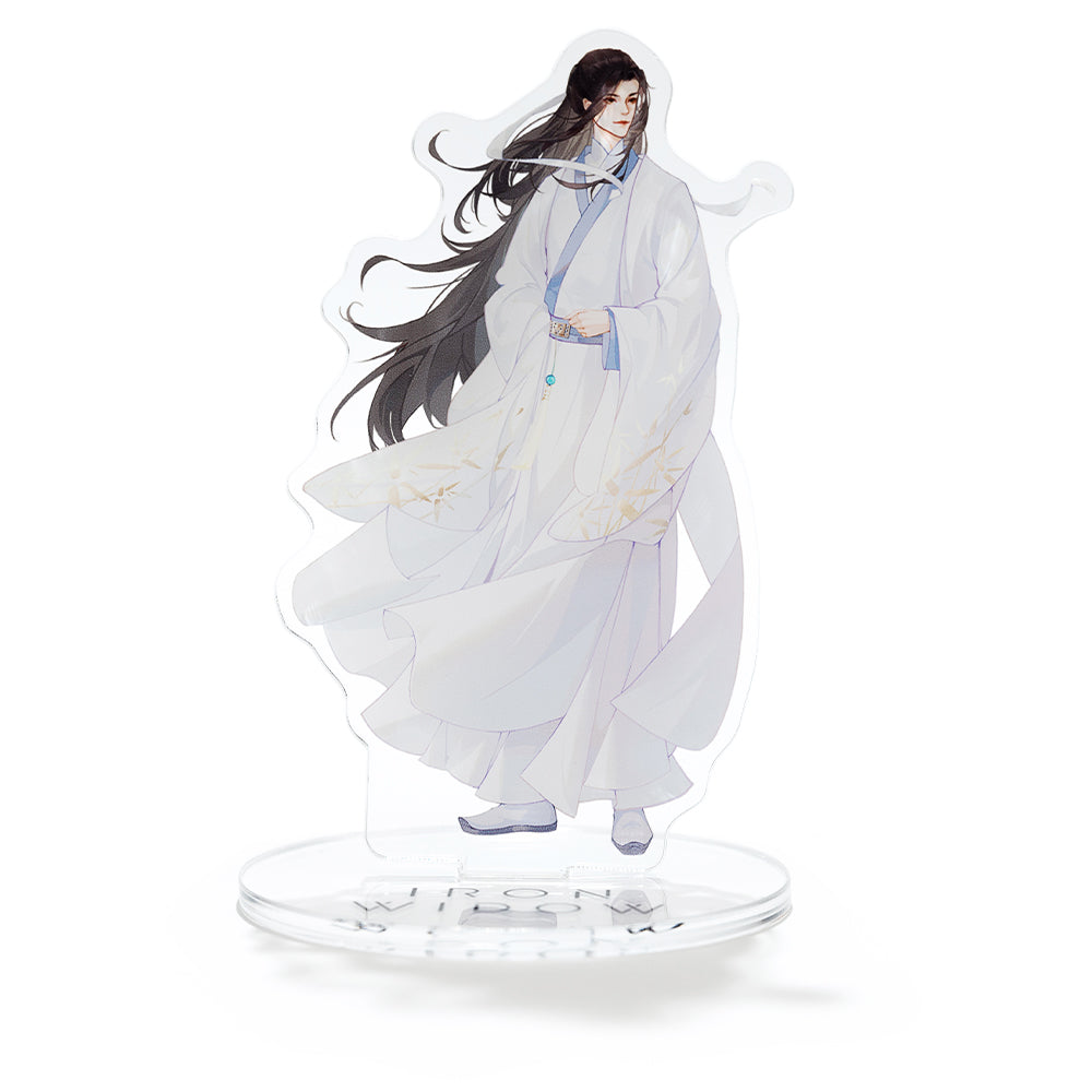 Front view of Yizhi acrylic standee with Iron Widow logo on clear acrylic base.