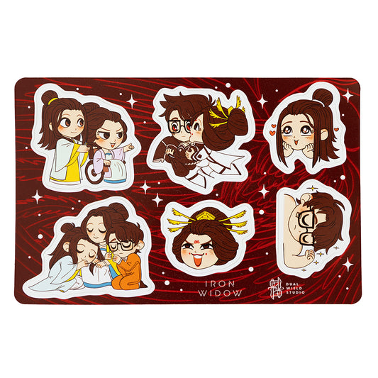 Stylized illustrations of Zetian, Shimin, and Yizhi in a 6-sticker pack on a red phoenix sticker backing.