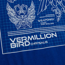 Load image into Gallery viewer, Closeup of the white schematic blueprint of the Vermillion Bird Chrysalis on blue T-shirt.