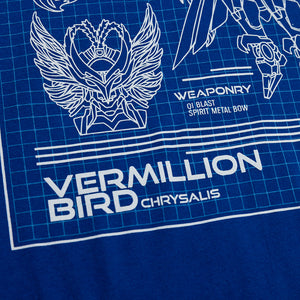 Closeup of the white schematic blueprint of the Vermillion Bird Chrysalis on blue T-shirt.