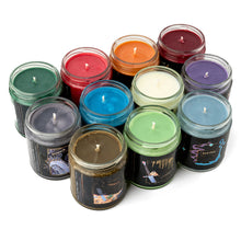 Load image into Gallery viewer, Three rows of colorful Tamora Pierce collection candles on white background.