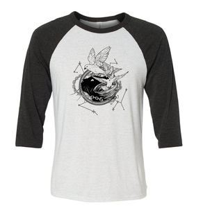 Charcoal sleeved baseball tee with Dustspinners, constellations, and chains swirling around Faithful the cat 