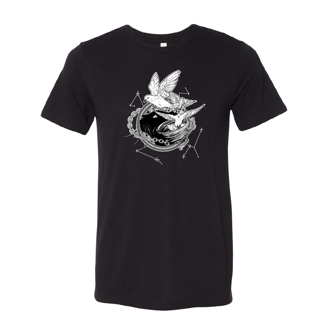 Black T-shirt with white illustration of Dustspinners, constellations, and chains swirling around Faithful the cat
