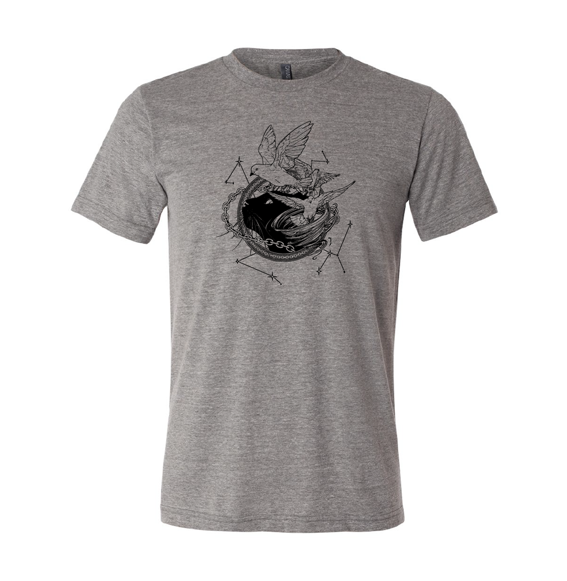 Grey T-shirt with white illustration of Dustspinners, constellations, and chains swirling around Faithful the cat