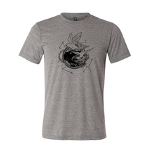 Load image into Gallery viewer, Grey T-shirt with white illustration of Dustspinners, constellations, and chains swirling around Faithful the cat