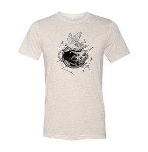 Oatmeal T-shirt with white illustration of Dustspinners, constellations, and chains swirling around Faithful the cat