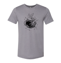Load image into Gallery viewer, Storm grey T-shirt with white illustration of Dustspinners, constellations, and chains swirling around Faithful the cat